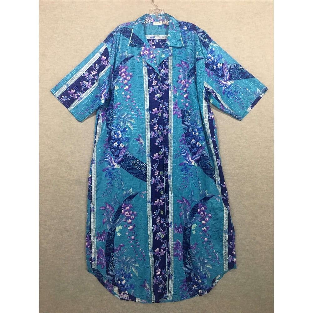 Vtg SANTE Kaftan Housecoat Blue Floral Satin Button-Up One Size Short Sleeves